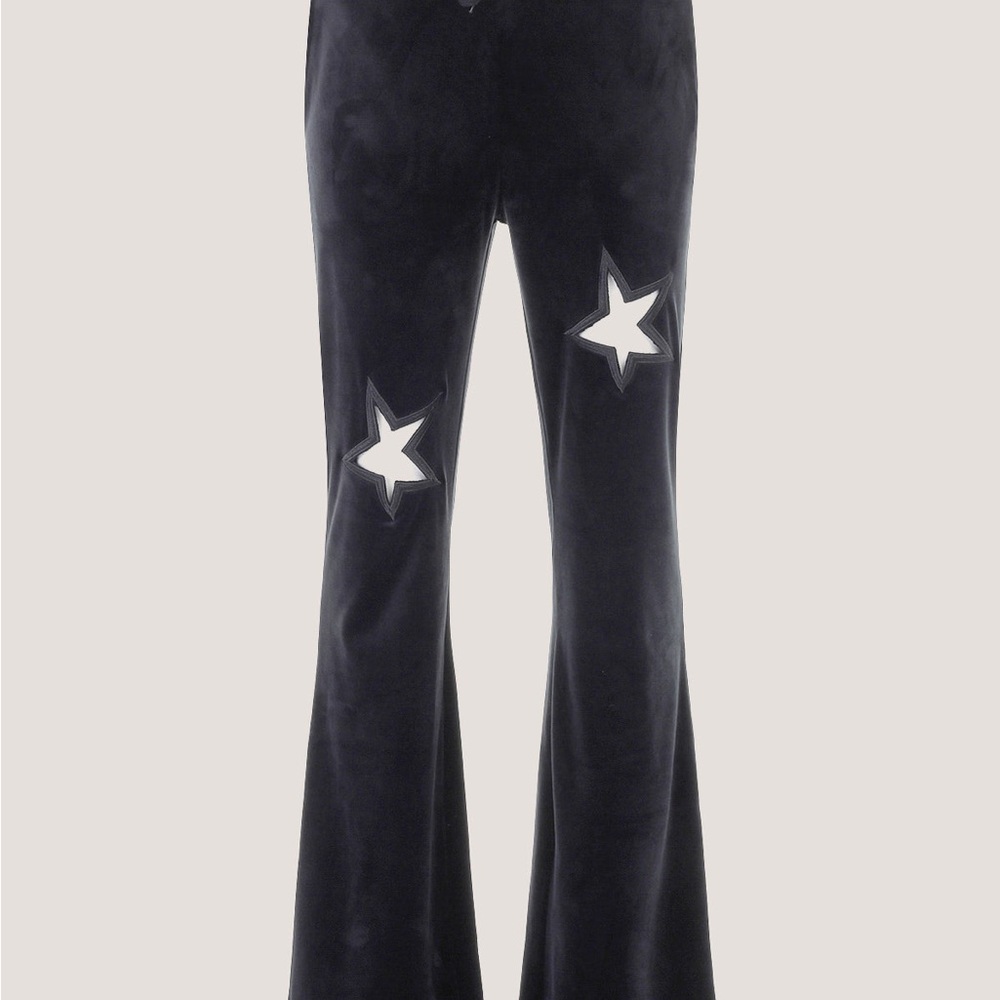 Paris Hilton Black Velour Flared Pants with White Star Appliqués